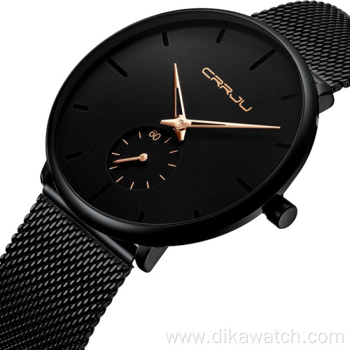 CRRJU 2150 Men Quartz Luxury Brand Watch Black Stainless Steel Minimalist Male Analog Clock Waterproof Watches Men Wrist Digital